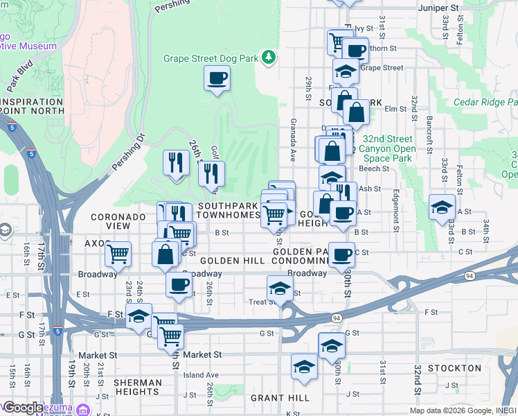 map of restaurants, bars, coffee shops, grocery stores, and more near 2742 A Street in San Diego