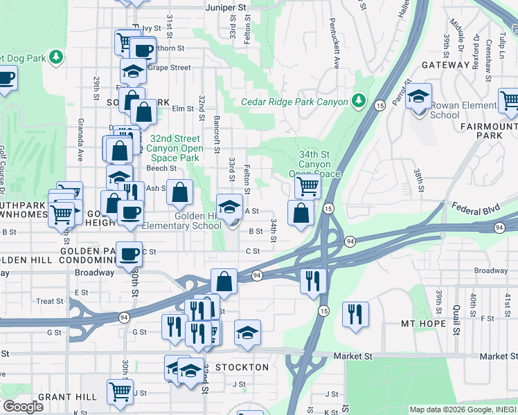 map of restaurants, bars, coffee shops, grocery stores, and more near 3364 A Street in San Diego