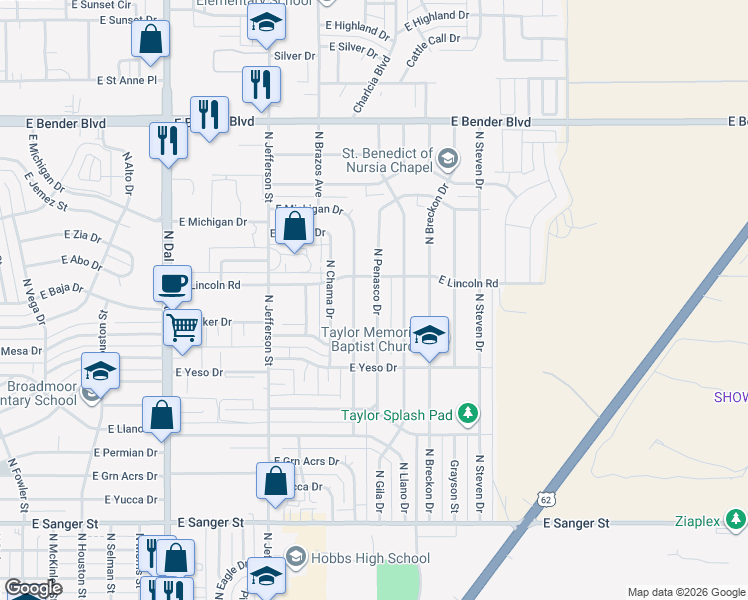 map of restaurants, bars, coffee shops, grocery stores, and more near 1721 North Penasco Drive in Hobbs