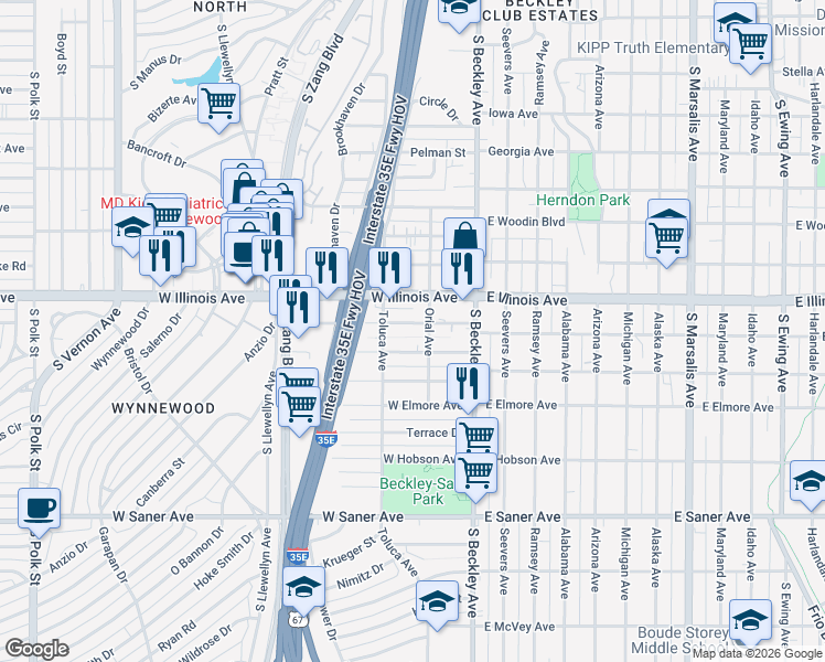 map of restaurants, bars, coffee shops, grocery stores, and more near 203 West Ohio Avenue in Dallas