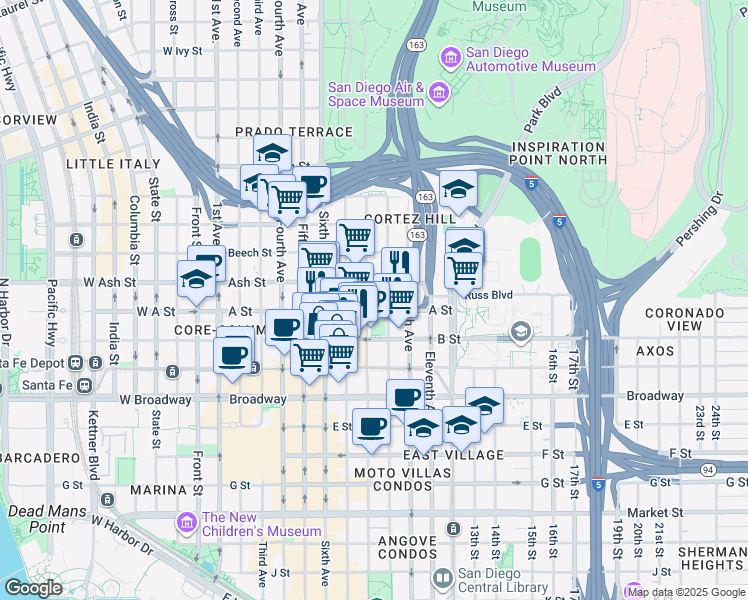 map of restaurants, bars, coffee shops, grocery stores, and more near in San Diego