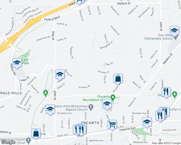 map of restaurants, bars, coffee shops, grocery stores, and more near 6378 Scimitar Drive in San Diego