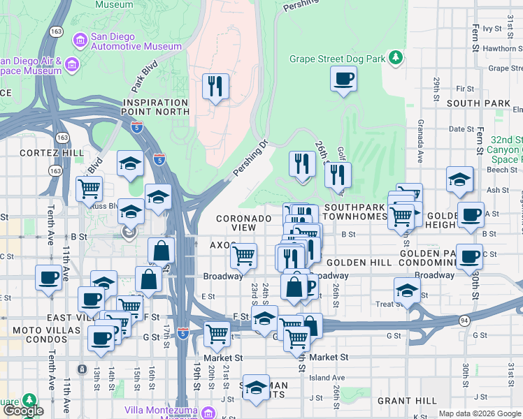 map of restaurants, bars, coffee shops, grocery stores, and more near 1370 24th Street in San Diego