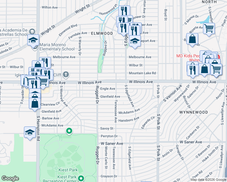 map of restaurants, bars, coffee shops, grocery stores, and more near 1513 Engle Avenue in Dallas