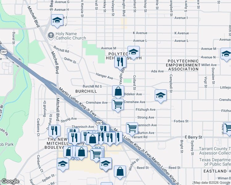 map of restaurants, bars, coffee shops, grocery stores, and more near 3017 Bideker Avenue in Fort Worth