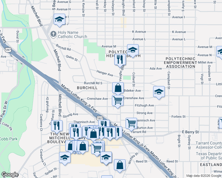 map of restaurants, bars, coffee shops, grocery stores, and more near 3017 Bideker Avenue in Fort Worth