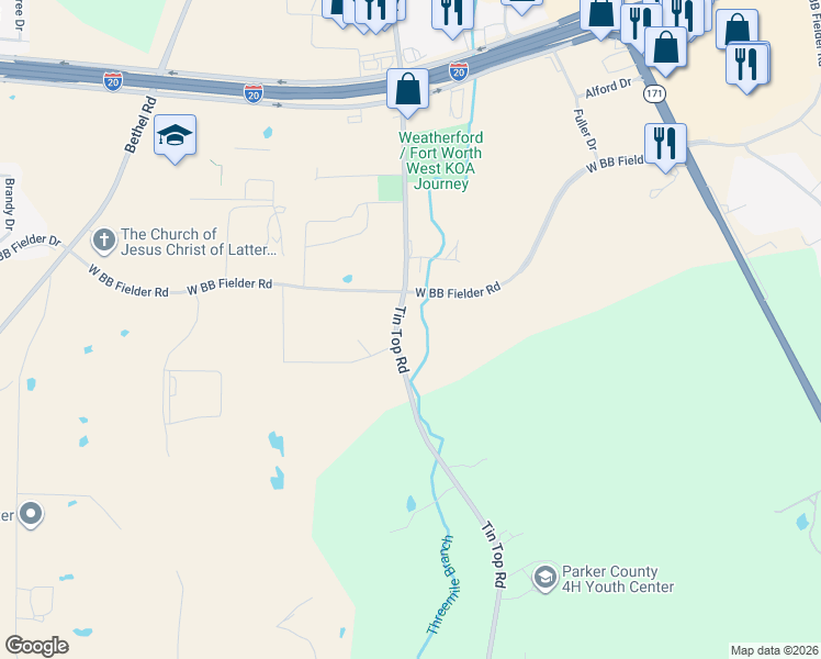 map of restaurants, bars, coffee shops, grocery stores, and more near 2447-2505 Tin Top Road in Weatherford