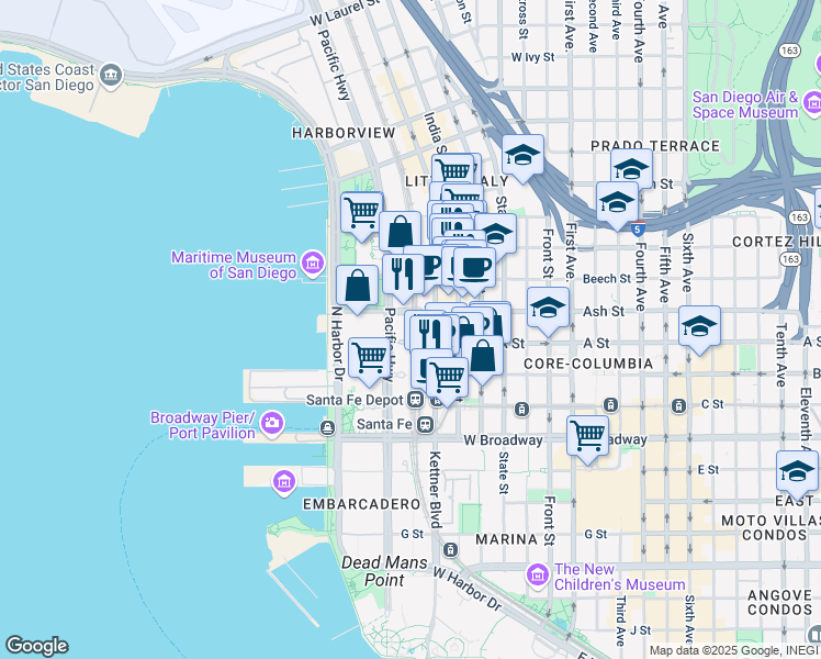 map of restaurants, bars, coffee shops, grocery stores, and more near 1325 Pacific Highway in San Diego