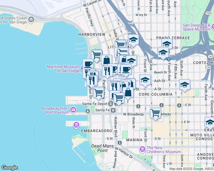 map of restaurants, bars, coffee shops, grocery stores, and more near 1325 Pacific Highway in San Diego