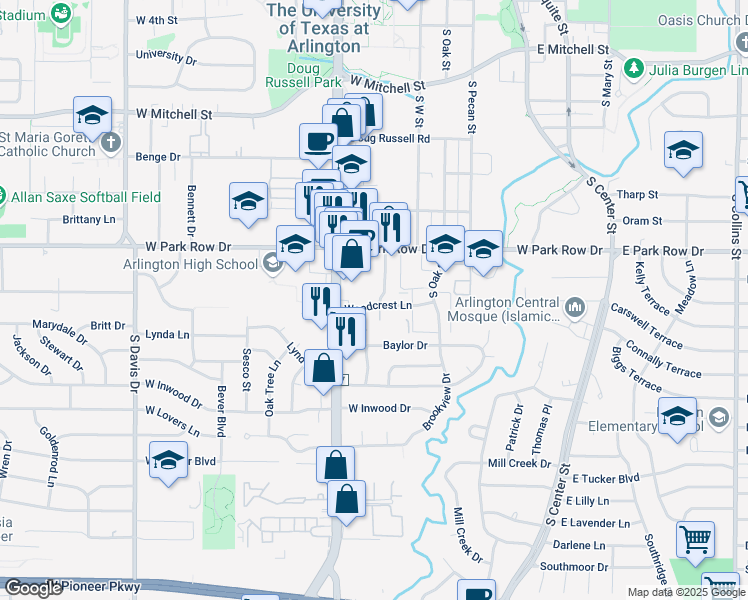 map of restaurants, bars, coffee shops, grocery stores, and more near 601 Woodcrest Lane in Arlington