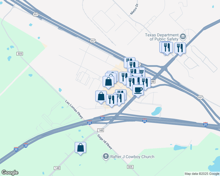 map of restaurants, bars, coffee shops, grocery stores, and more near 660 American Way in Terrell