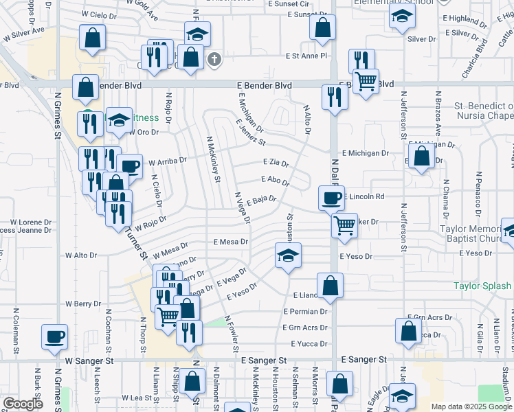 map of restaurants, bars, coffee shops, grocery stores, and more near 401 East Baja Drive in Hobbs