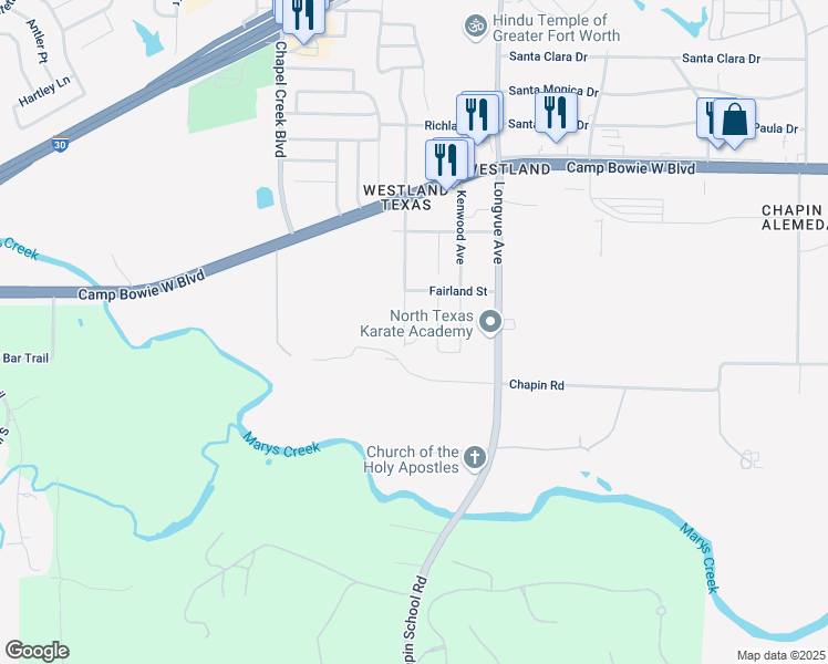 map of restaurants, bars, coffee shops, grocery stores, and more near 3629 Westland Avenue in Fort Worth