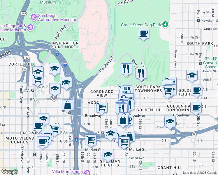 map of restaurants, bars, coffee shops, grocery stores, and more near 1330 24th Street in San Diego