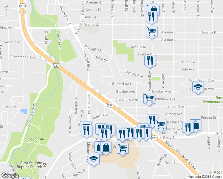 map of restaurants, bars, coffee shops, grocery stores, and more near 2731 Bideker Avenue in Fort Worth