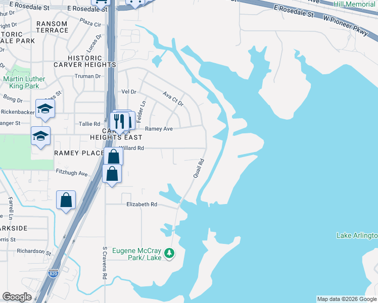 map of restaurants, bars, coffee shops, grocery stores, and more near 6409 Willard Road in Fort Worth