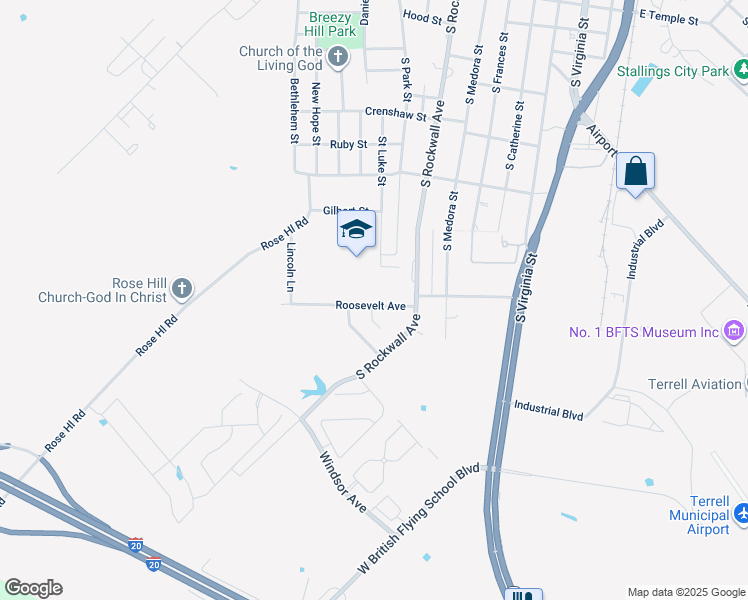map of restaurants, bars, coffee shops, grocery stores, and more near 414 Roosevelt Avenue in Terrell