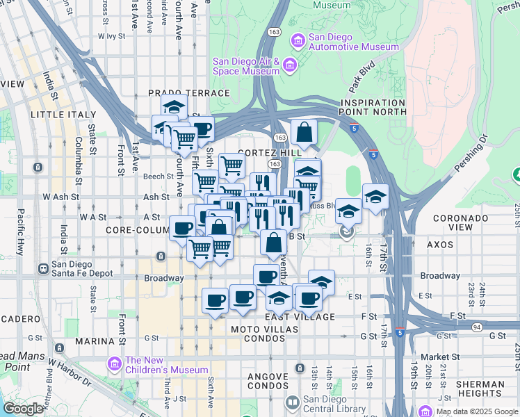 map of restaurants, bars, coffee shops, grocery stores, and more near 1399 Ninth Avenue in San Diego