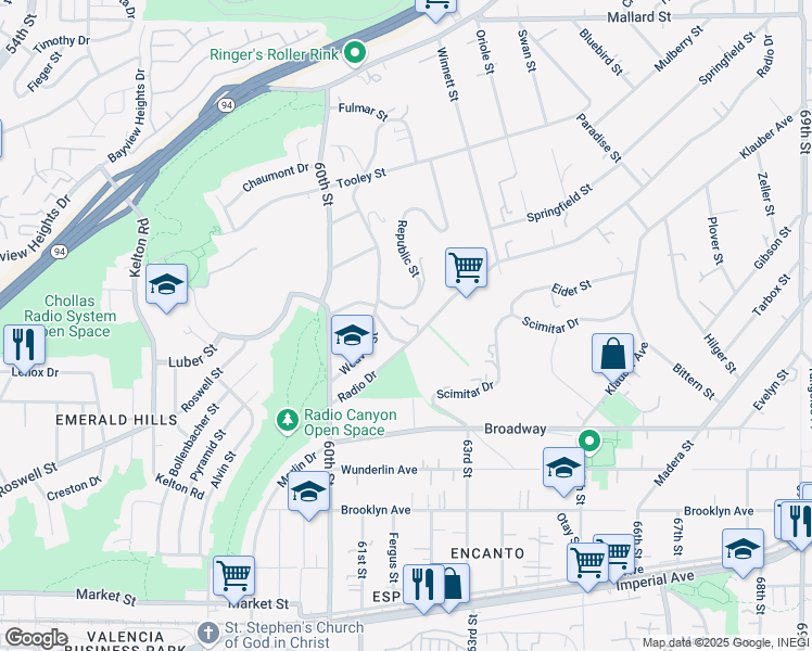 map of restaurants, bars, coffee shops, grocery stores, and more near 6196 Radio Drive in San Diego