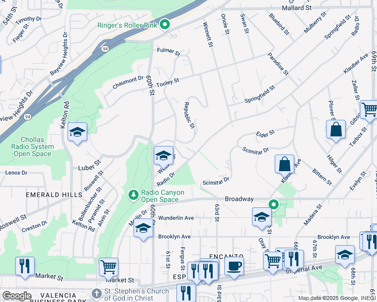 map of restaurants, bars, coffee shops, grocery stores, and more near 6196 Radio Drive in San Diego