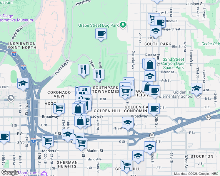 map of restaurants, bars, coffee shops, grocery stores, and more near 2686 Russ Boulevard in San Diego