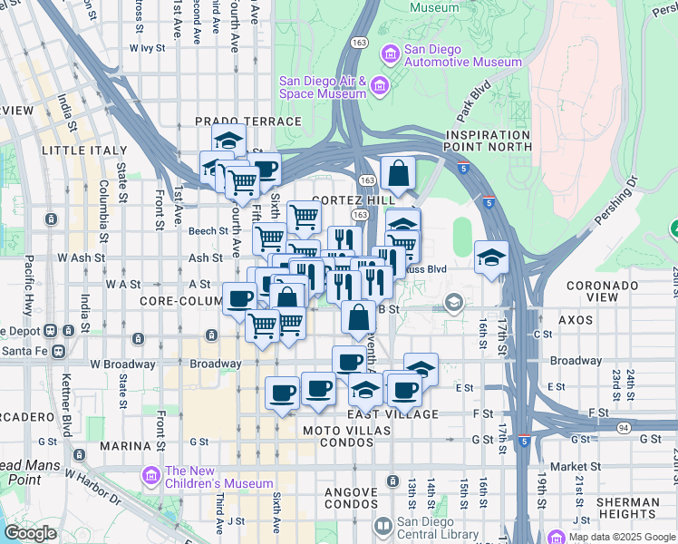 map of restaurants, bars, coffee shops, grocery stores, and more near 1399 Ninth Avenue in San Diego
