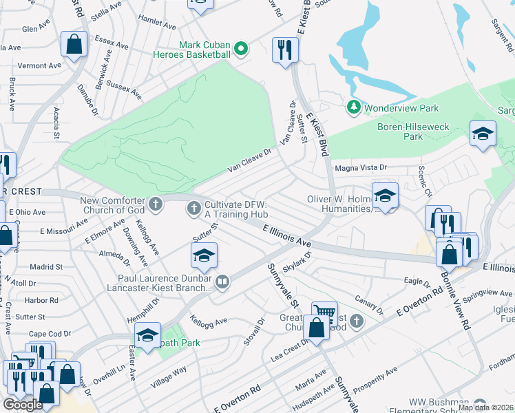 map of restaurants, bars, coffee shops, grocery stores, and more near 2209 Narboe Street in Dallas