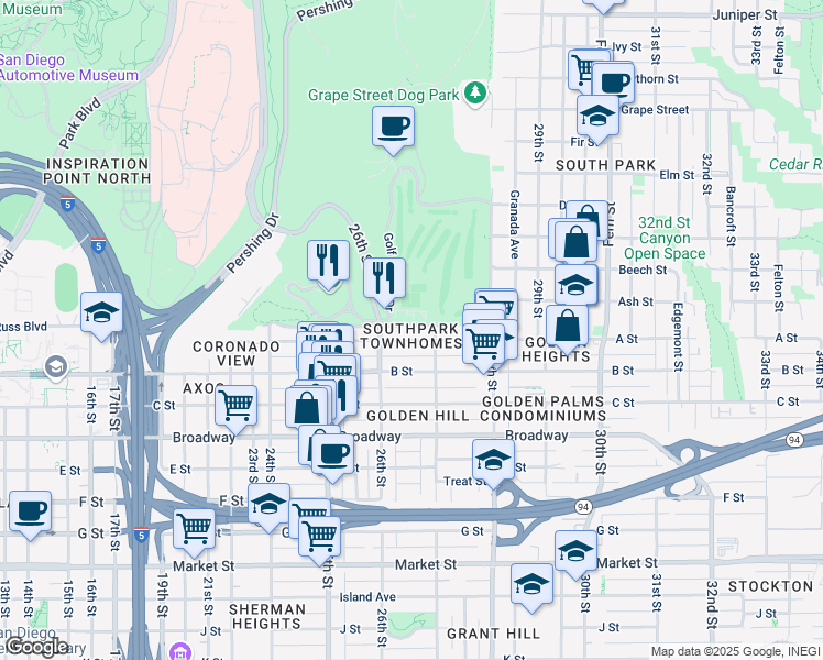 map of restaurants, bars, coffee shops, grocery stores, and more near 2686 Russ Boulevard in San Diego