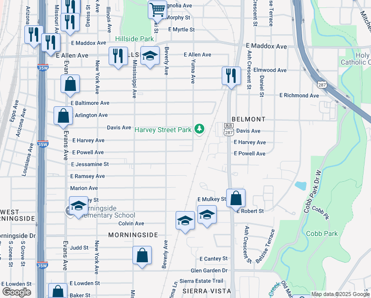 map of restaurants, bars, coffee shops, grocery stores, and more near 1337 East Powell Avenue in Fort Worth