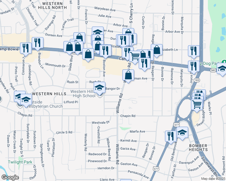 map of restaurants, bars, coffee shops, grocery stores, and more near 8017 Bangor Drive in Benbrook