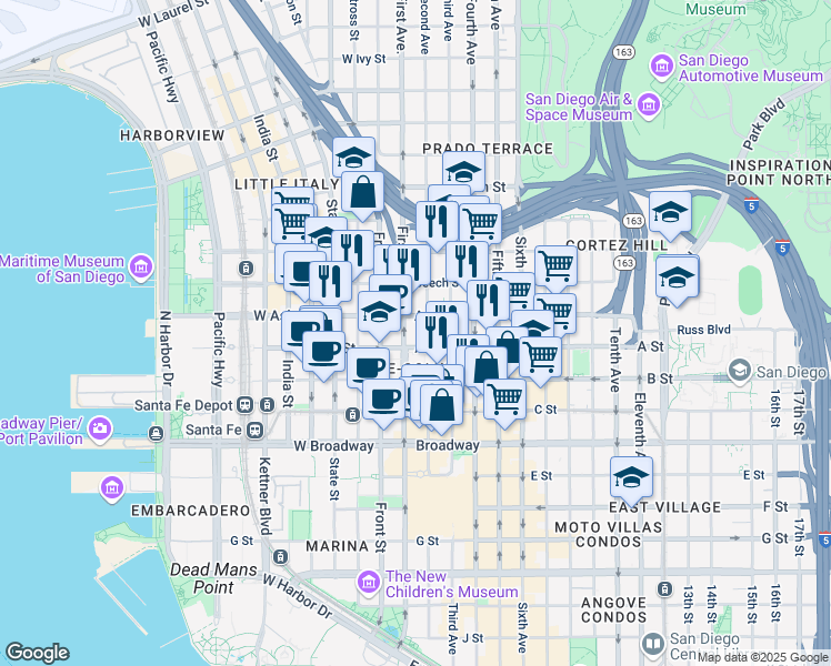 map of restaurants, bars, coffee shops, grocery stores, and more near 101 Ash Street in San Diego