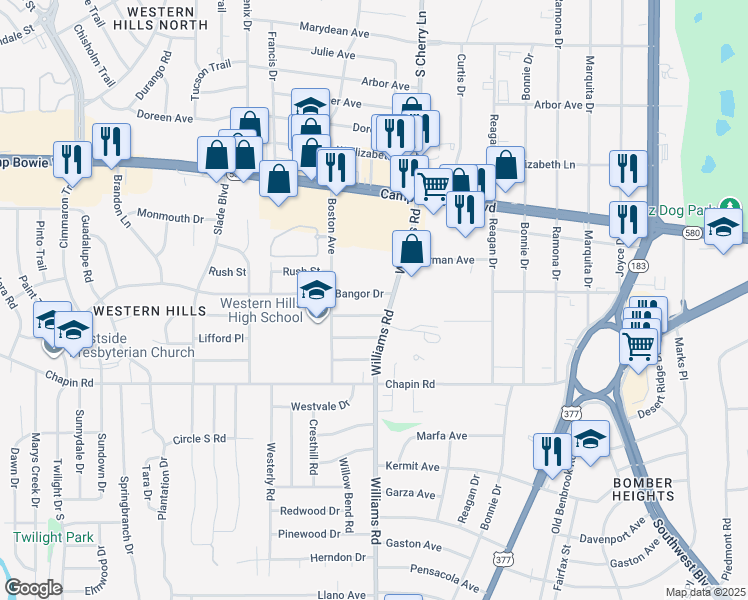 map of restaurants, bars, coffee shops, grocery stores, and more near 8017 Bangor Drive in Benbrook
