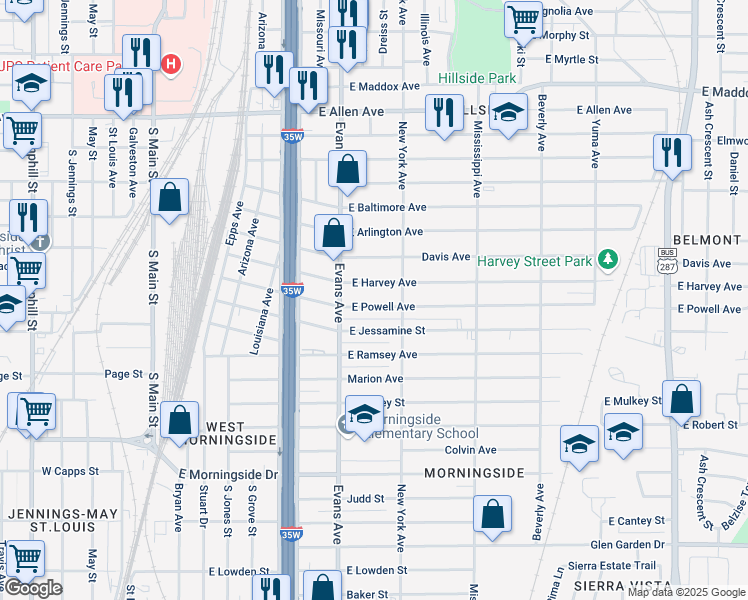map of restaurants, bars, coffee shops, grocery stores, and more near 933 East Powell Avenue in Fort Worth