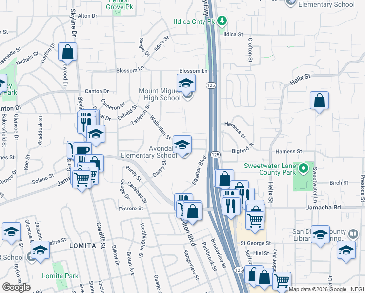 map of restaurants, bars, coffee shops, grocery stores, and more near 8338 Stansbury Street in Spring Valley