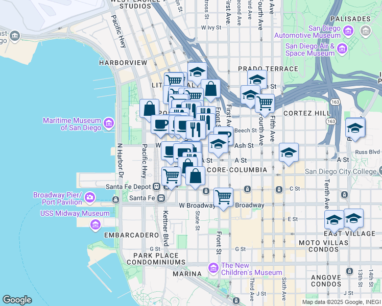 map of restaurants, bars, coffee shops, grocery stores, and more near in San Diego