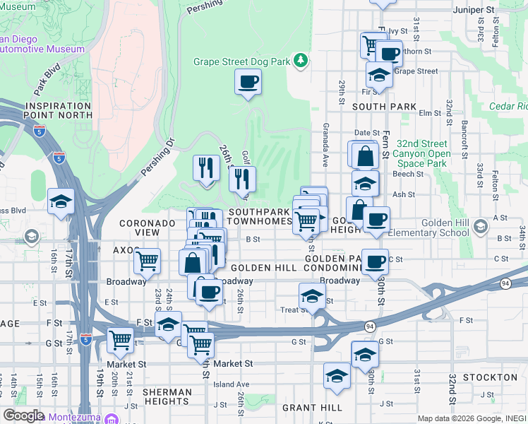 map of restaurants, bars, coffee shops, grocery stores, and more near 2686 Russ Boulevard in San Diego