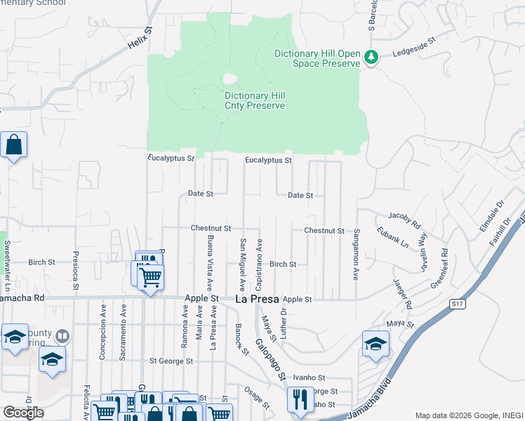 map of restaurants, bars, coffee shops, grocery stores, and more near 1450 Portola Avenue in Spring Valley