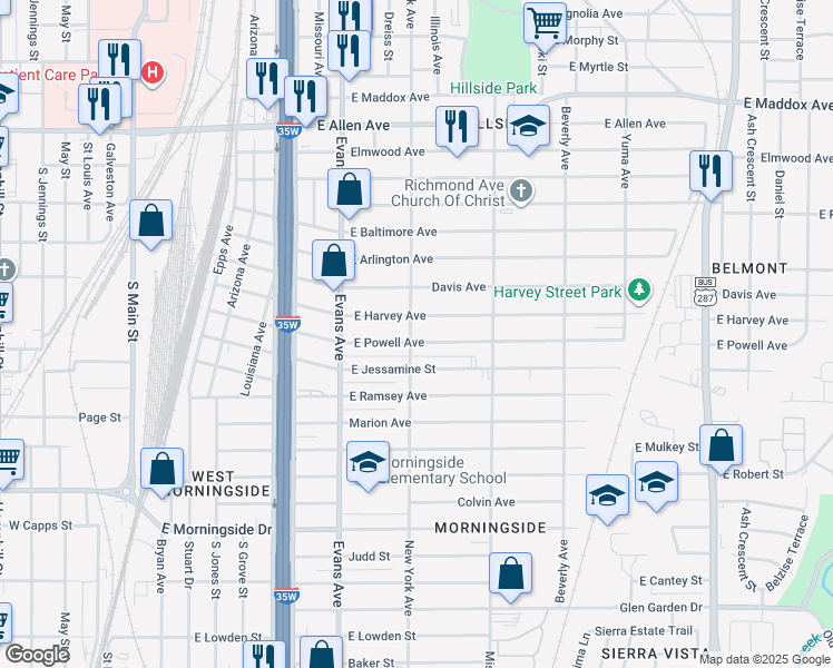 map of restaurants, bars, coffee shops, grocery stores, and more near 1001 East Powell Avenue in Fort Worth