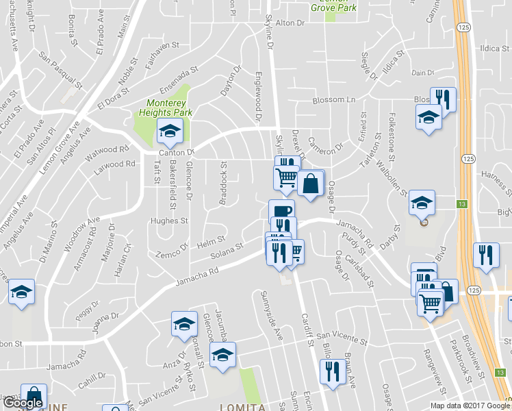 map of restaurants, bars, coffee shops, grocery stores, and more near 7705 Danielle Drive in Lemon Grove