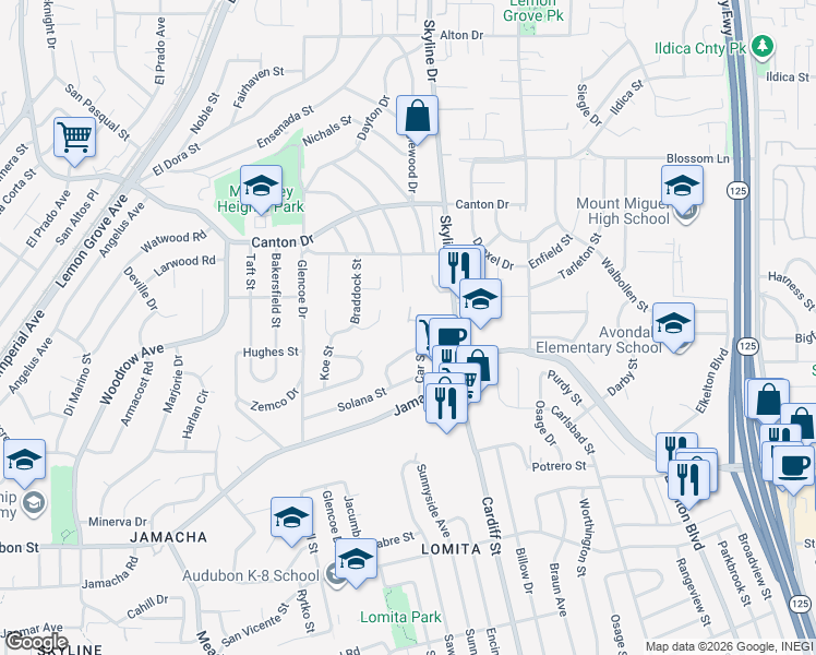 map of restaurants, bars, coffee shops, grocery stores, and more near 7705 Danielle Drive in Lemon Grove
