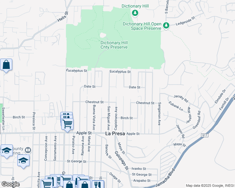 map of restaurants, bars, coffee shops, grocery stores, and more near 1435-39 Capistrano Avenue in Spring Valley