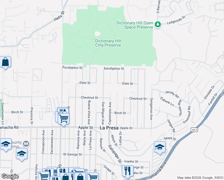 map of restaurants, bars, coffee shops, grocery stores, and more near 1435-39 Capistrano Avenue in Spring Valley