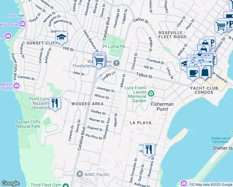 map of restaurants, bars, coffee shops, grocery stores, and more near 835 Silvergate Avenue in San Diego