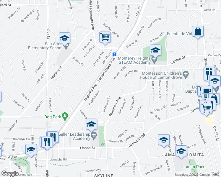 map of restaurants, bars, coffee shops, grocery stores, and more near 1269 Watwood Road in San Diego