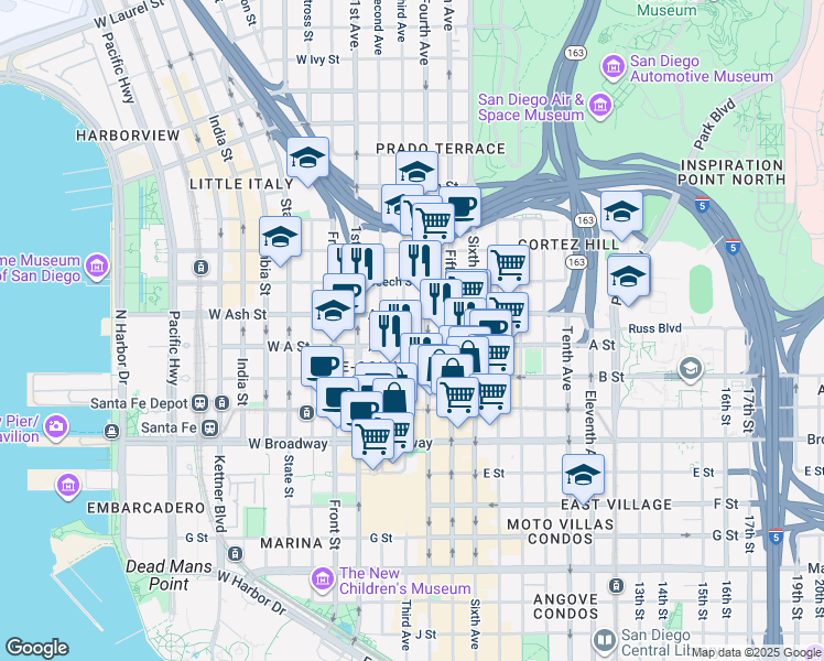 map of restaurants, bars, coffee shops, grocery stores, and more near in San Diego