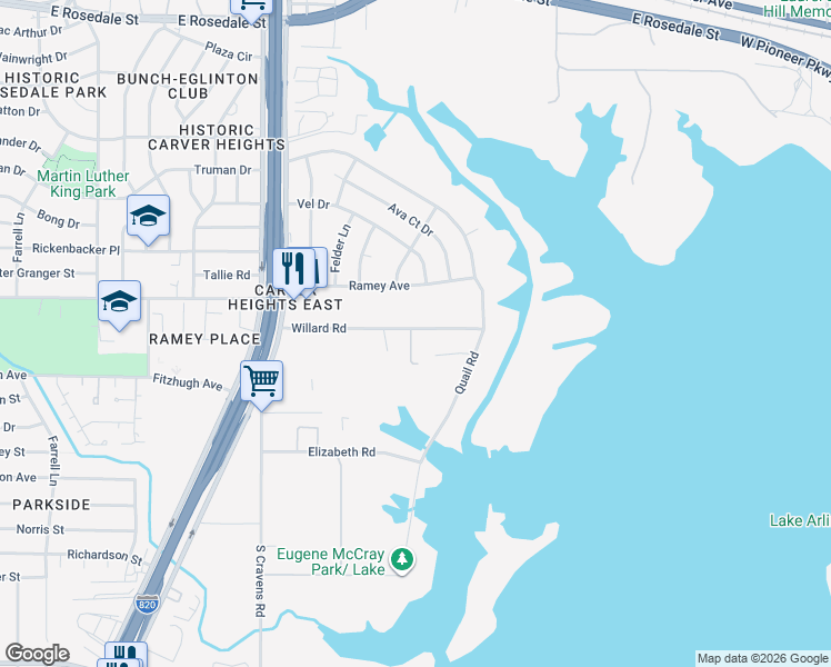 map of restaurants, bars, coffee shops, grocery stores, and more near 6353 Willard Road in Fort Worth