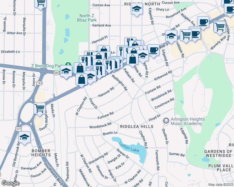 map of restaurants, bars, coffee shops, grocery stores, and more near 6712 Kirkwood Road in Fort Worth
