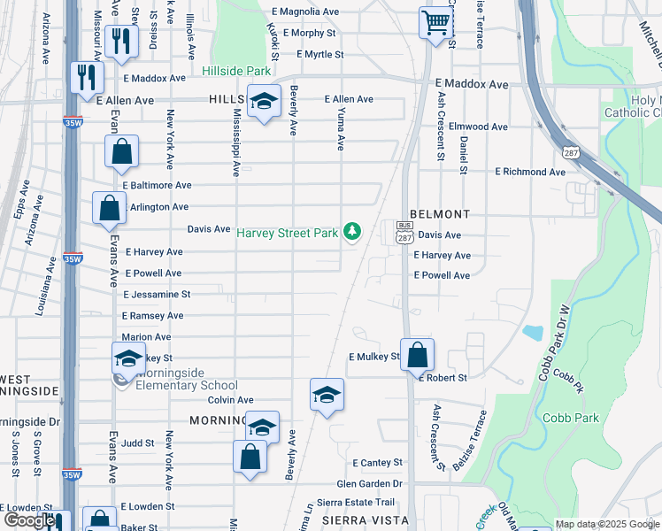 map of restaurants, bars, coffee shops, grocery stores, and more near 1337 East Powell Avenue in Fort Worth