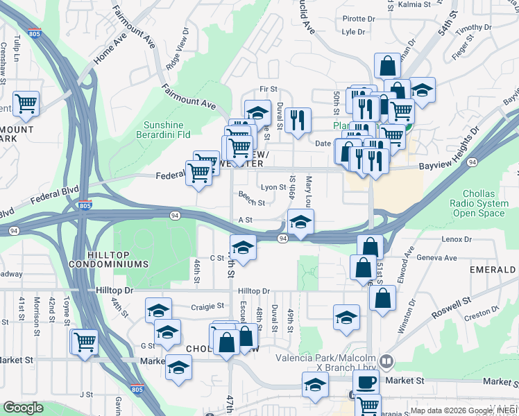 map of restaurants, bars, coffee shops, grocery stores, and more near 4821 Beech Street in San Diego