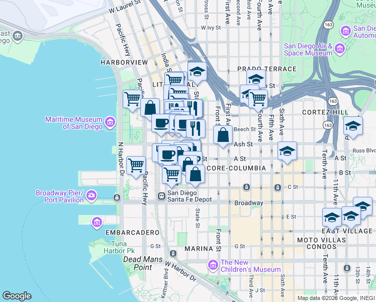 map of restaurants, bars, coffee shops, grocery stores, and more near 1331 Columbia Street in San Diego